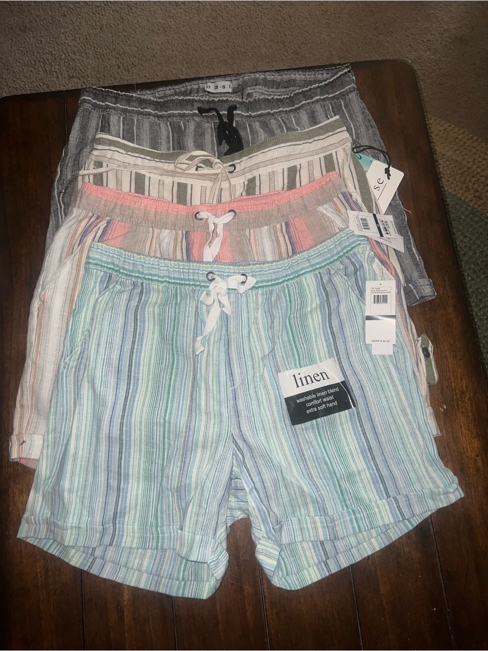 Women’s Linen-Blend Striped flowy beach shorts- Light Blue/Green